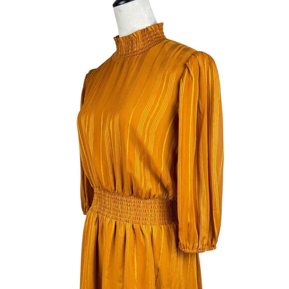 Nanette Lepore Mustard Gold Sparkle Stripes Smocked Neck 3/4 Sleeve Midi Dress - Picture 5 of 11